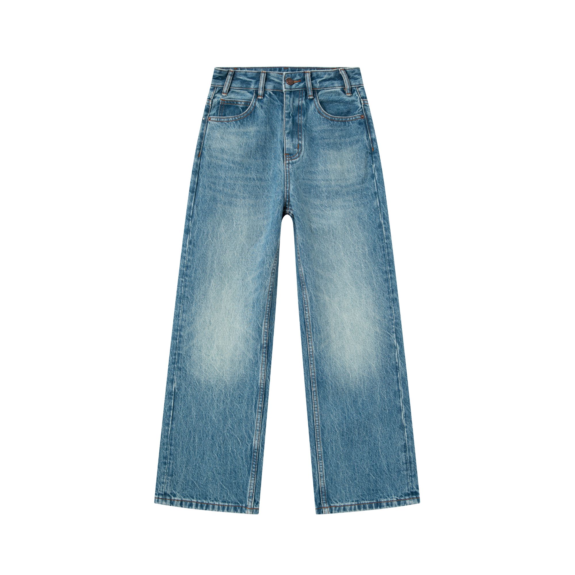 I TR I 雪花纹路大牛-湖绿色重工艺水洗-中高腰窄版直筒牛仔5552