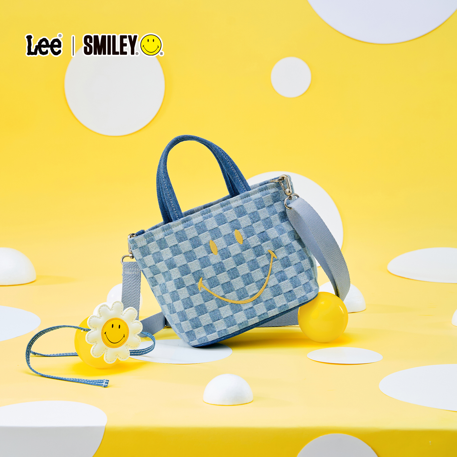 Lee×Smiley格纹手提托特包笑脸棋盘格单肩包时尚百搭通勤斜挎包
