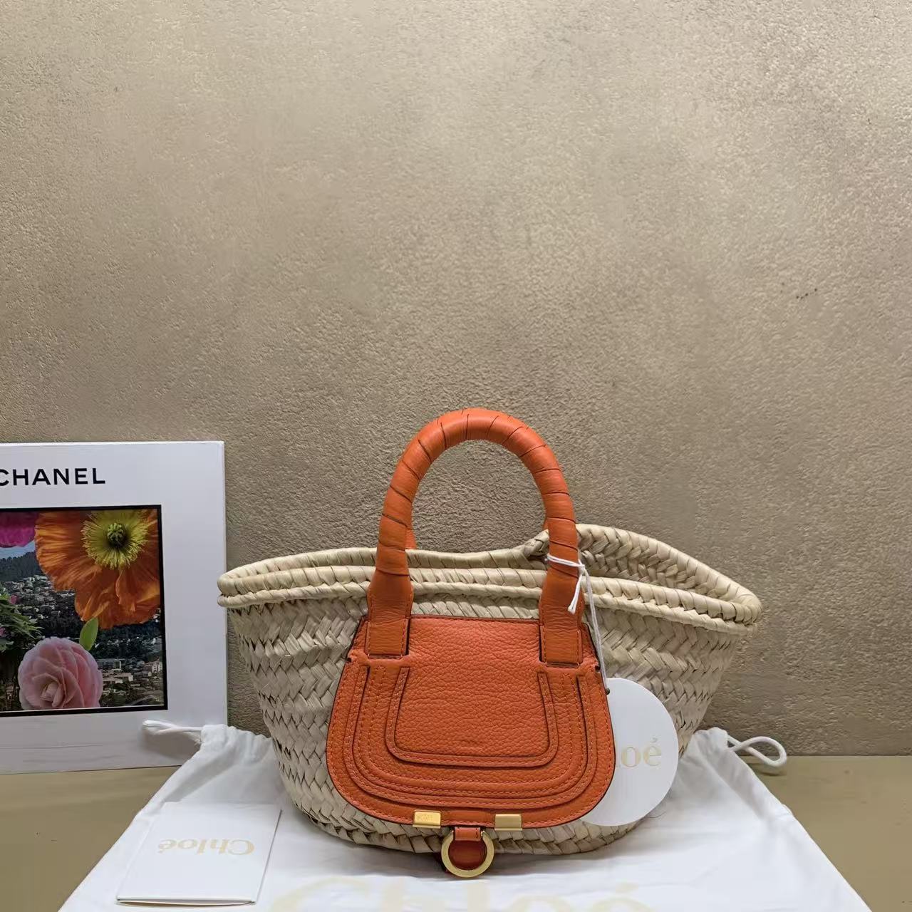 95新 Chloe/蔻依 壹臻/橘色草编菜篮子小号 57698527