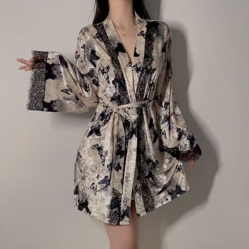 瑰若轻奢低胸睡衣火辣深V加胸垫露背吊带睡裙外袍大码套装女士