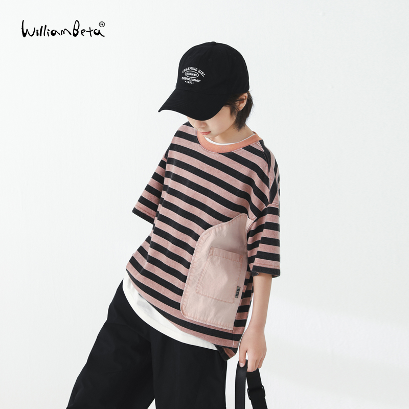 williambeta童装25夏新款复古炒雪花色织条纹宽松挺括儿童短袖T恤