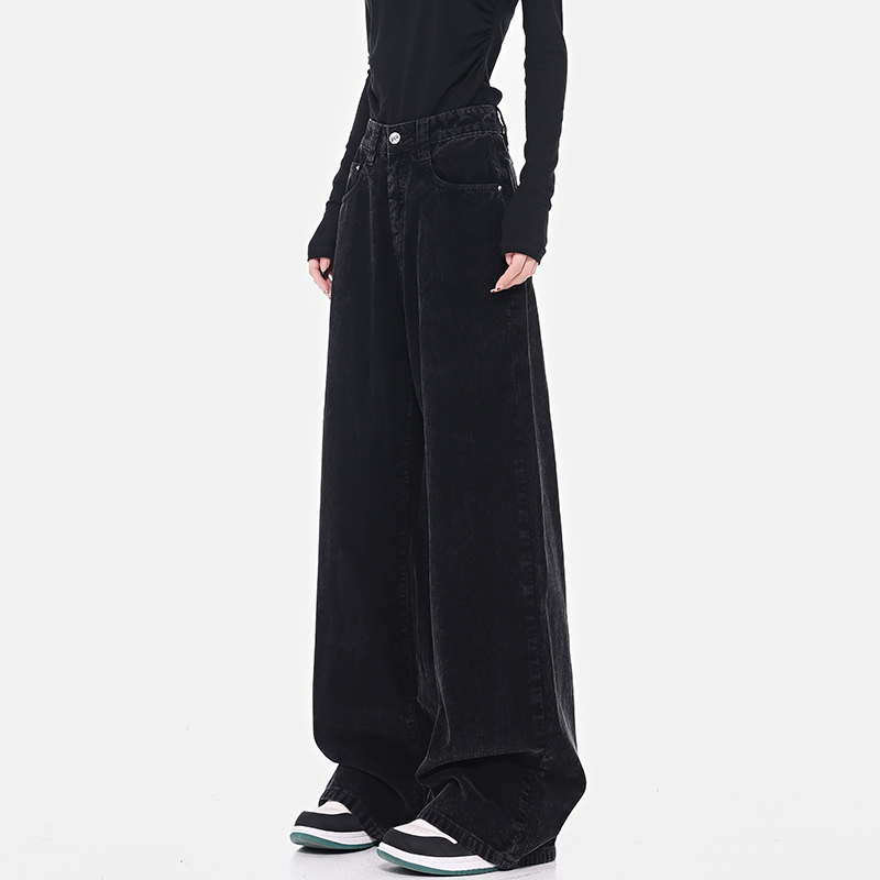 【五折福利】KEN STUDIO黑色灯芯绒阔腿牛仔裤复古高腰宽松百搭长裤