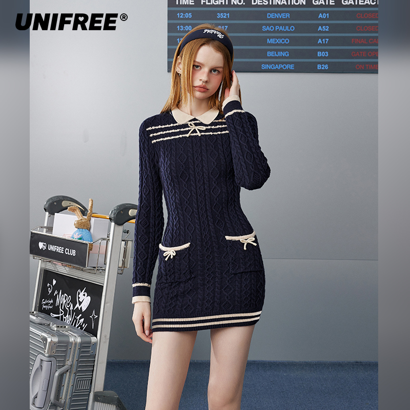 【芋总专属】UNIFREE针织长袖连衣裙复古撞色U244I819G1G1