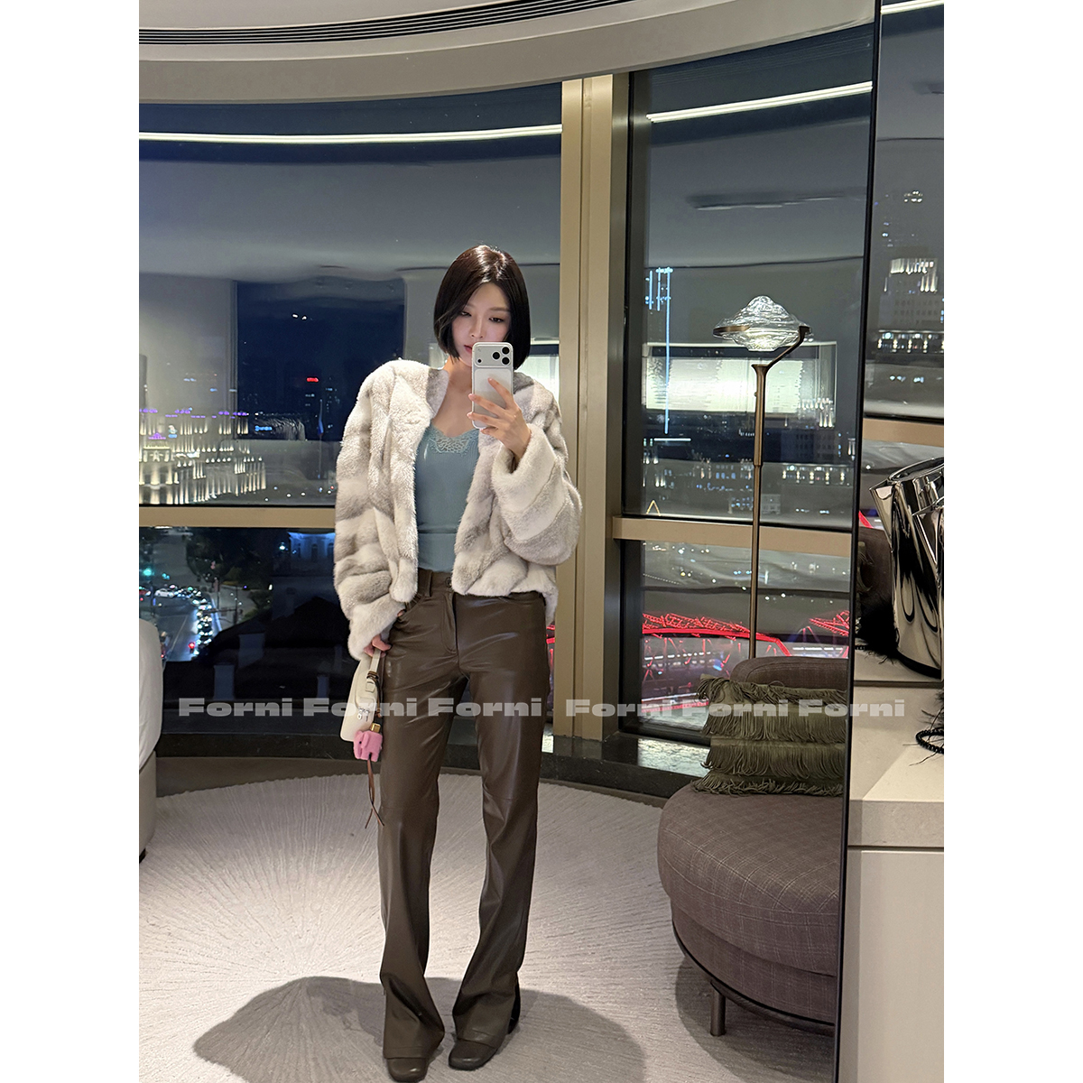 FORNI 都市穿行 PU蛋白皮窄版直筒开叉皮裤