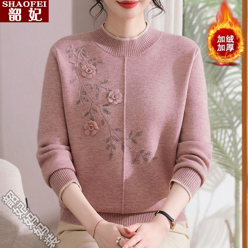 妈妈秋冬装加绒加厚打底衫洋气中老年女半高领内搭保暖一体绒毛衣
