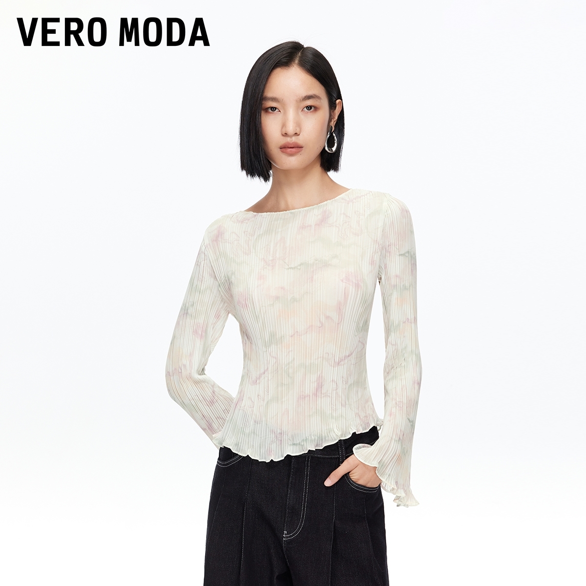Vero Moda雪纺衫【花影摇曳】女印花喇叭袖修身上衣百搭325351005