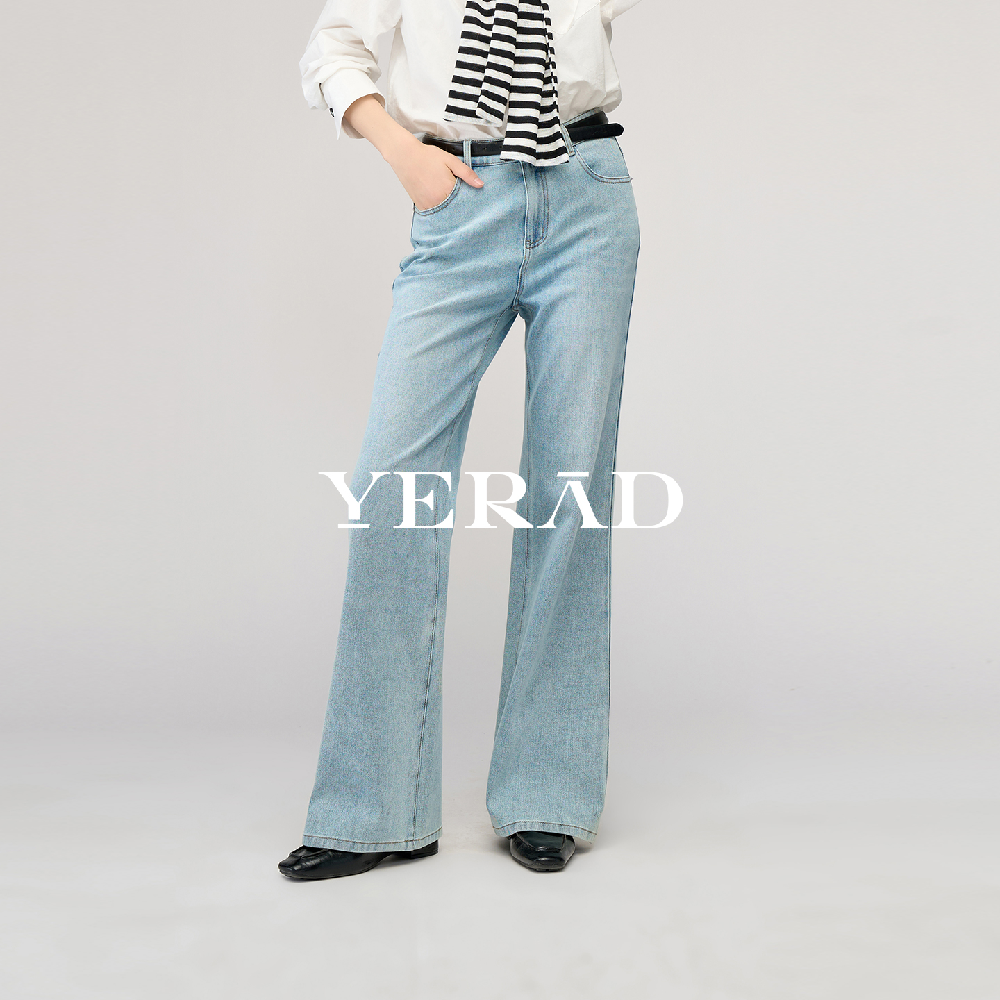 娅丽达拖地牛仔裤筒喇裤女2026春新款弹力浅色九分梨形直筒微喇裤