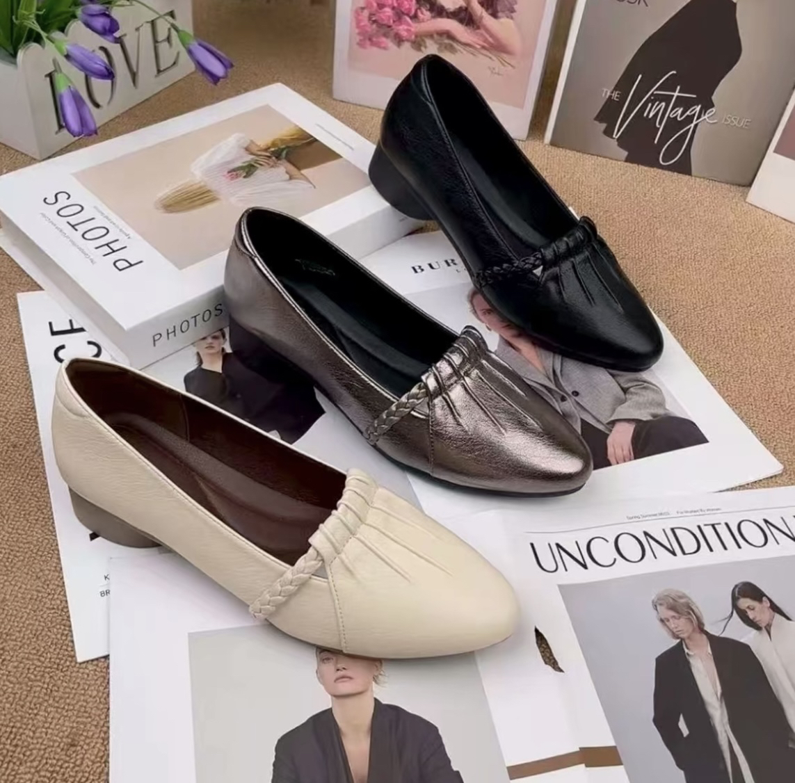 【专柜撤柜】2025秋季新款单鞋椭圆头透气低跟浅口豆豆鞋D21