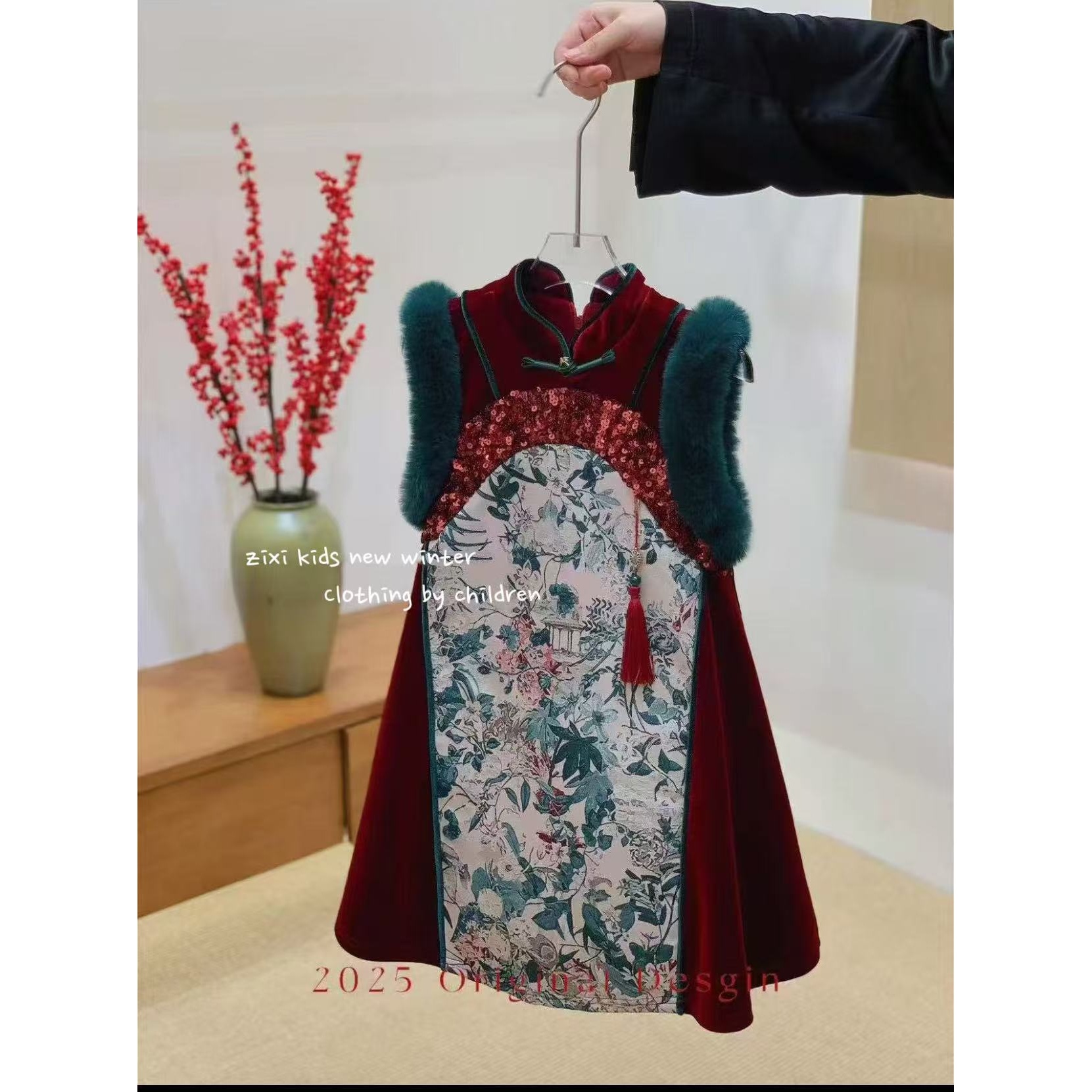 【现货】244-ZX-1181红色 童装2025新年冬季新款加绒知否汉服连衣裙