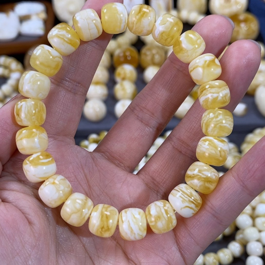 蜜蜡手串未镶嵌10.8mm金瓷白虎皮妖花手串