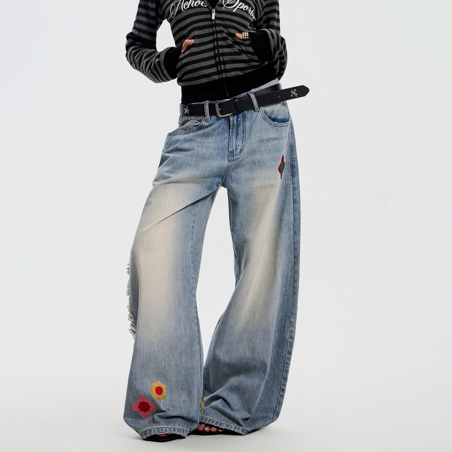 【Achock官方店】美式高街重磅珍珠刺绣长裤潮牌做旧直筒牛仔裤女