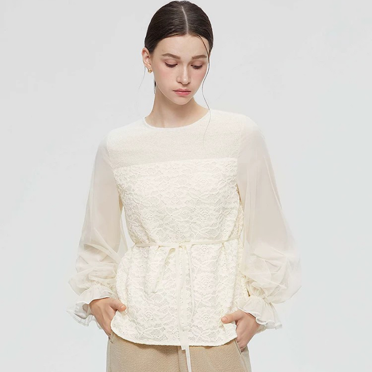 秋季网纱拼接圆领长袖套头女士上衣S253Z2226