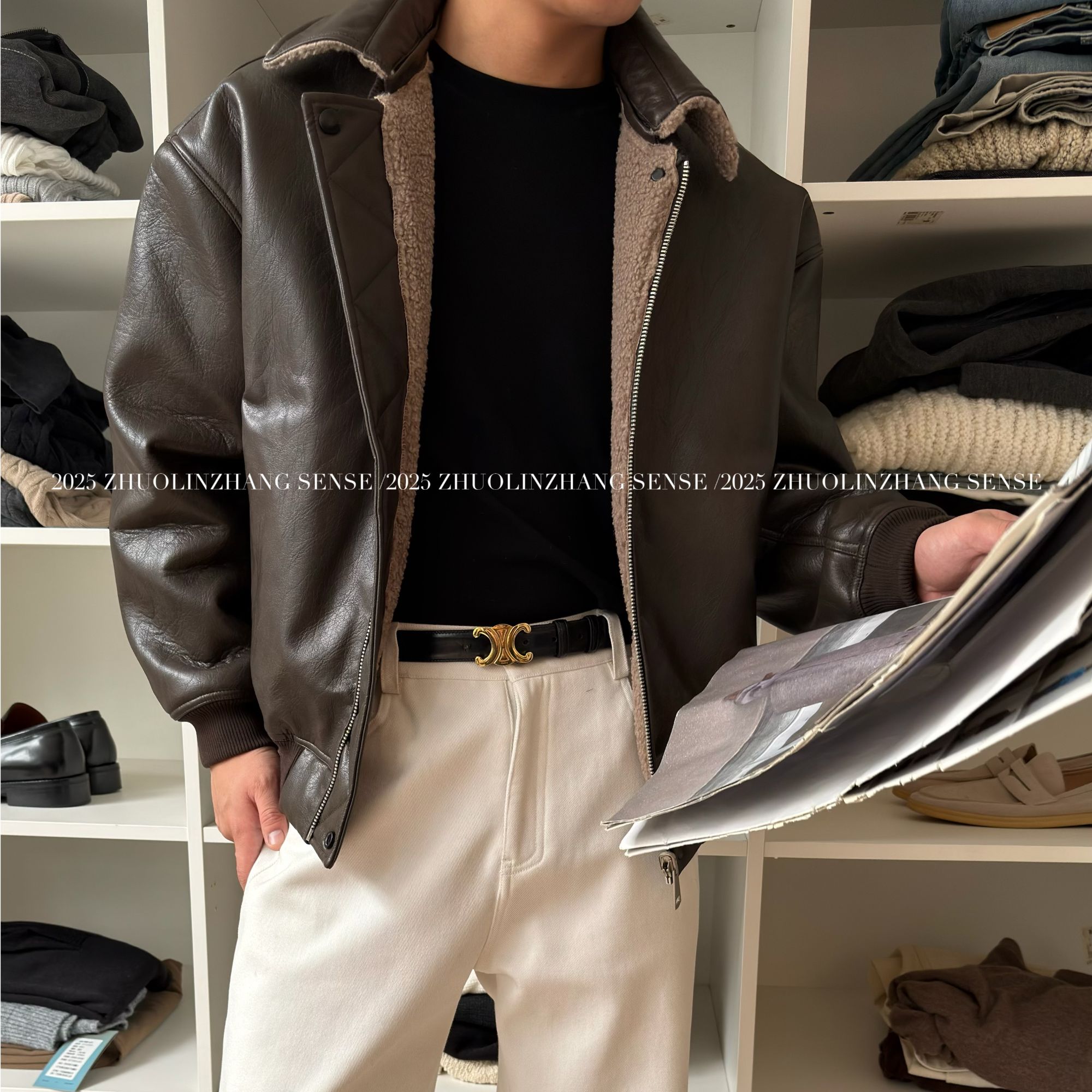 ZHUOLINZHANG /复古老钱休闲百搭宽松翻领哑光磨砂双面穿质感皮衣