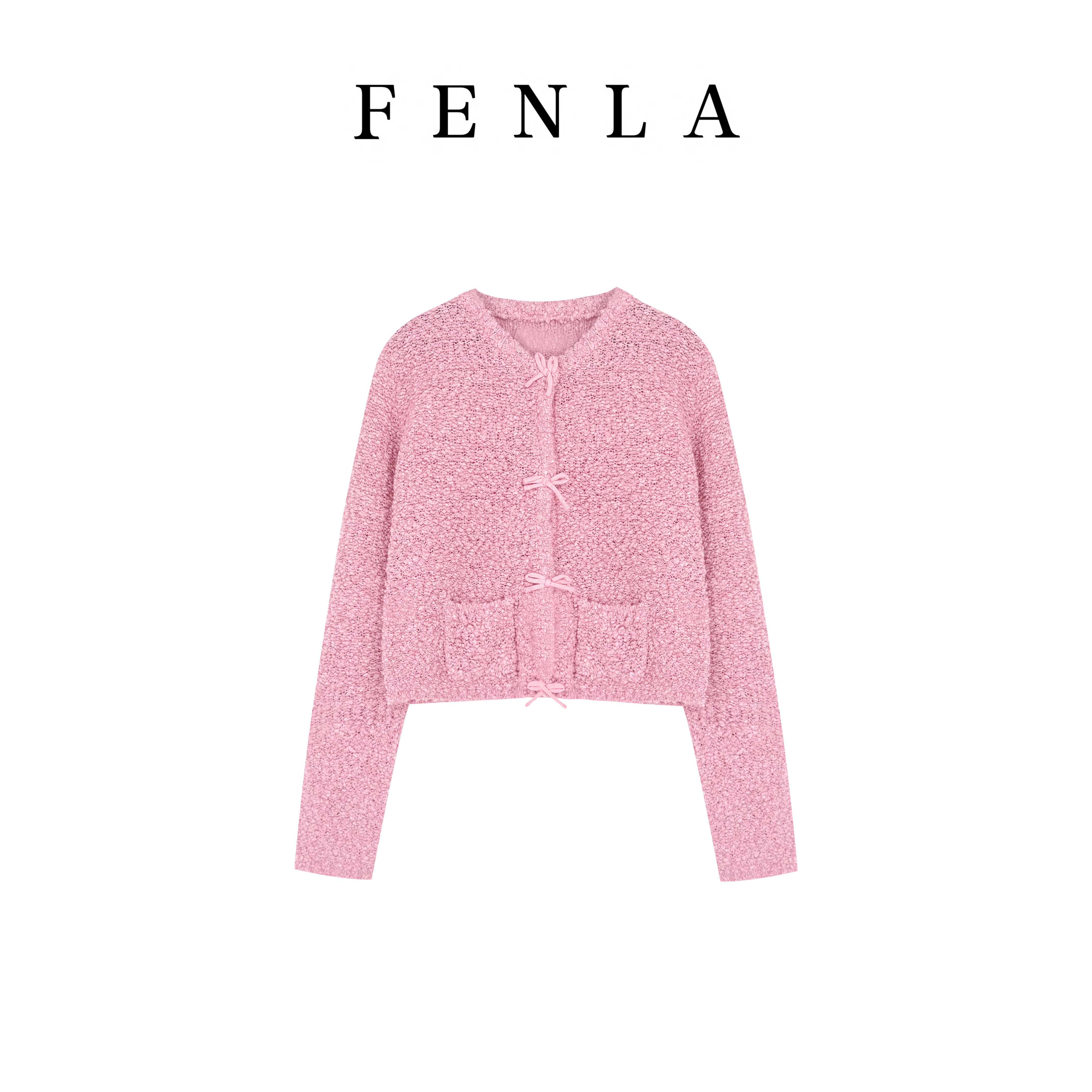 【惠姐私服】蝴蝶结提花长袖针织开衫简约时尚百搭毛衣上衣 85522