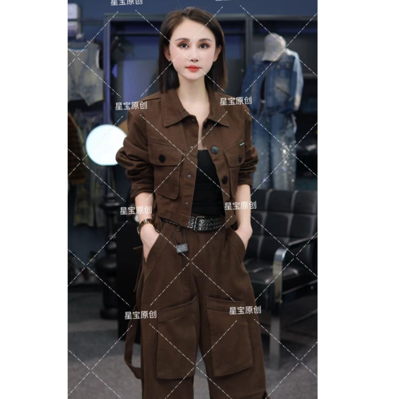 秋季工装新款牛仔外套气质洋气翻领咖色短外套2266