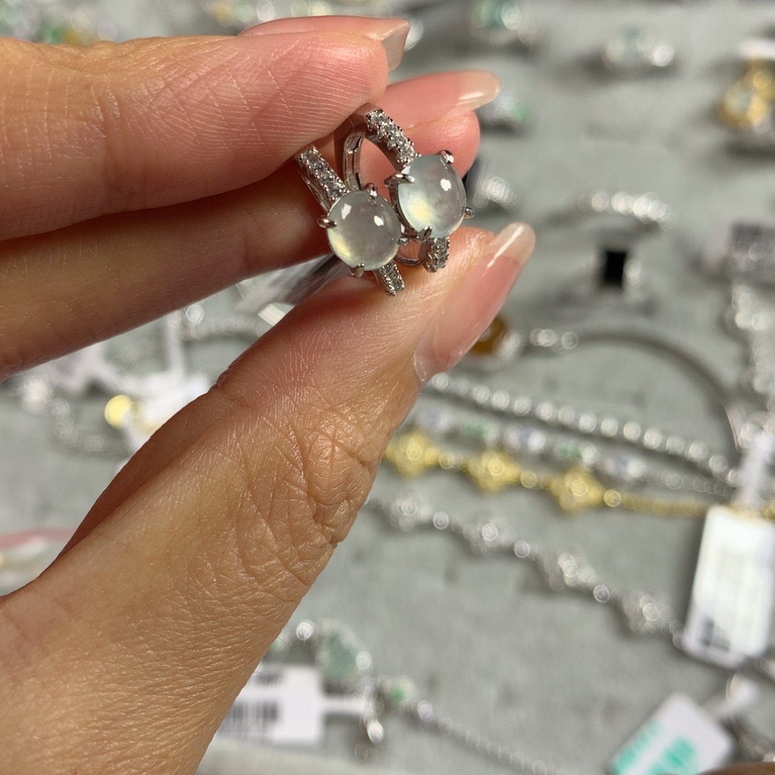 翡翠银S925镶嵌戒指耳钉