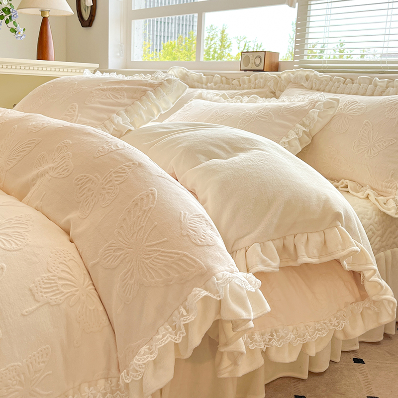 法式加厚保暖牛奶绒四件套夹棉床裙款双面绒珊瑚绒床盖被套法兰绒