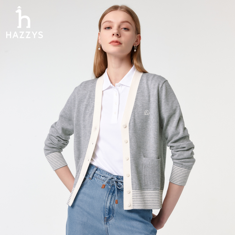 【PHIZ】Hazzys哈吉斯针织衫长袖合身简约毛衣开衫春季修身女装上衣