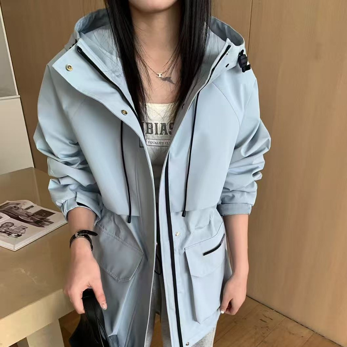 大码女装秋装新款外套胖妹妹中长款连帽风衣休闲百搭