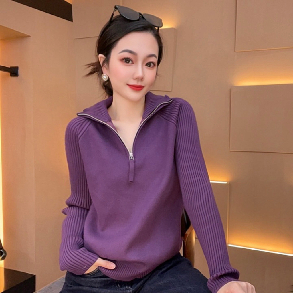 拉链针织套头秋冬季长袖上衣显瘦毛衣针织衫网红厚款宽松女装