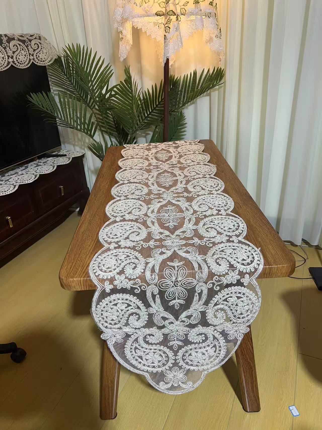 ZN084-206粗绳绣【44*210】麻本色非遗半手工粗绳绣桌布茶几盖巾