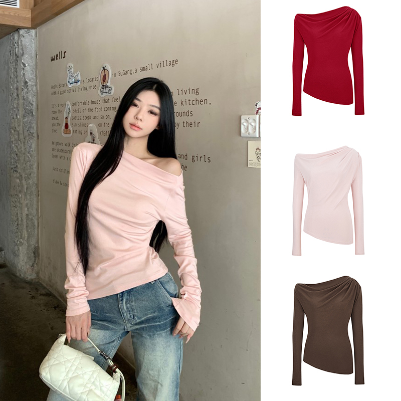 Moses Queen/魔西女王斜肩设计打底衫长袖T恤气质修身不规则上衣