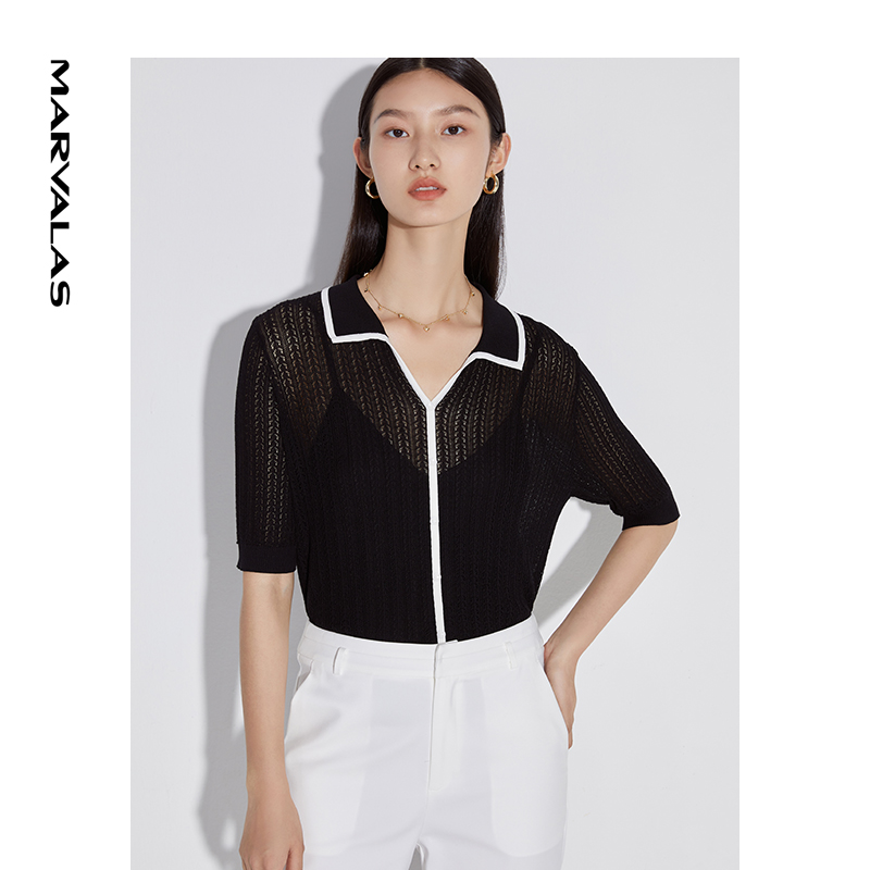 【小熊专属】曼德诗设计师薄款女装上衣小香风夏季镂空M710172