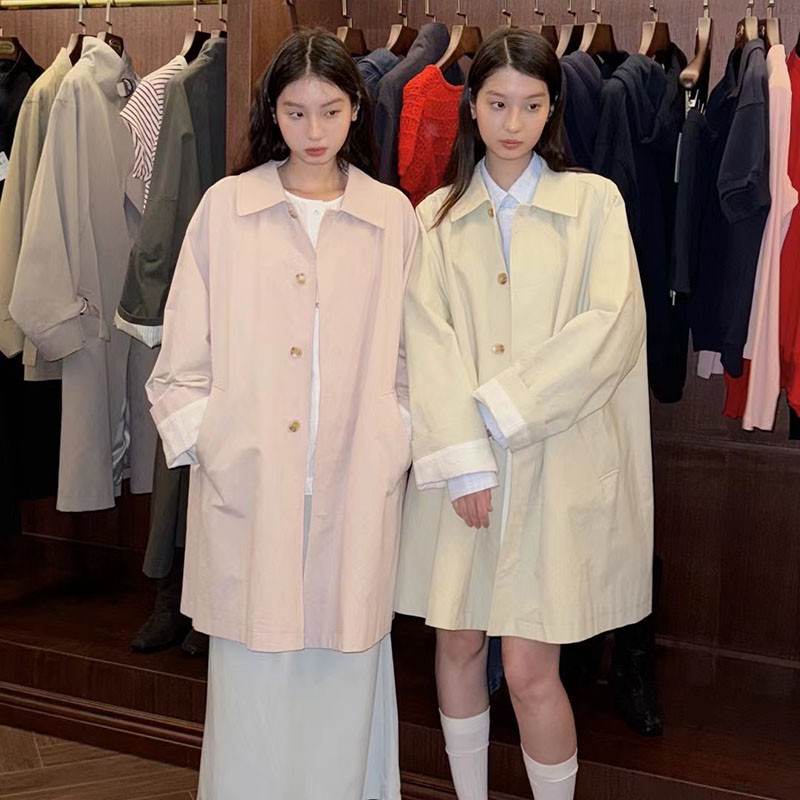 MMT韩国MAKe2025新款英伦POLO领单排扣宽松休闲中长款外套风衣女