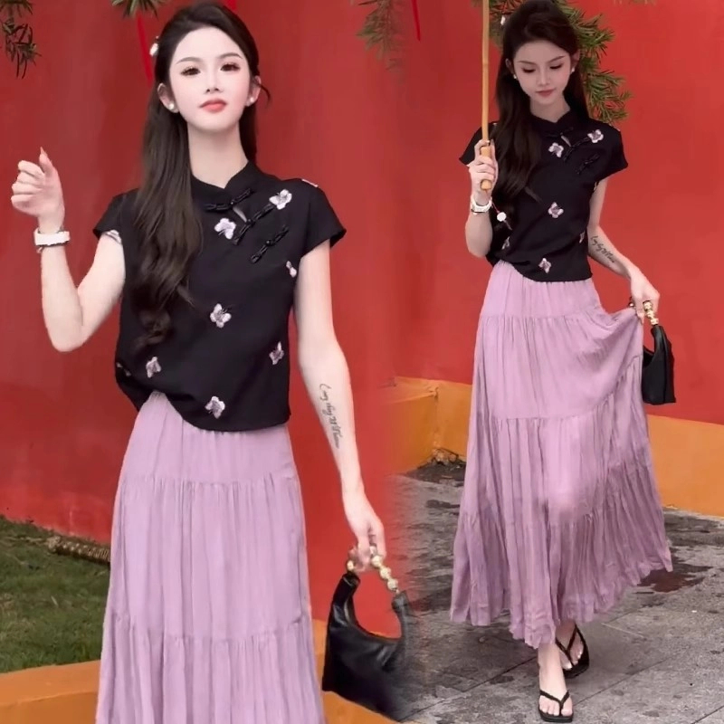 新中式时尚套装女2025夏季新款洋气显瘦刺绣短袖上衣半身裙两件套