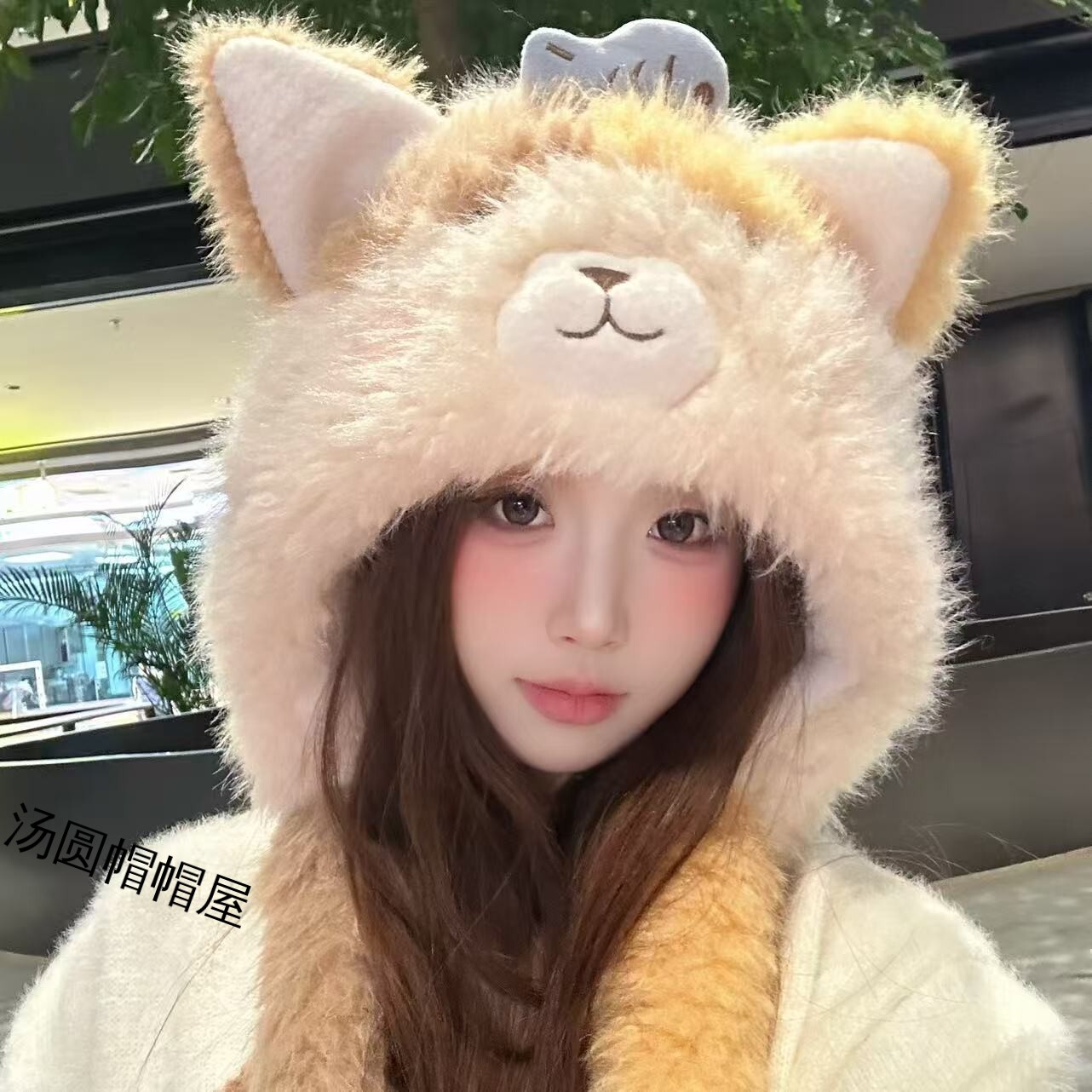 可爱小猫吃鱼耳朵毛绒帽子女秋冬季显脸小保暖防寒加厚护耳帽子
