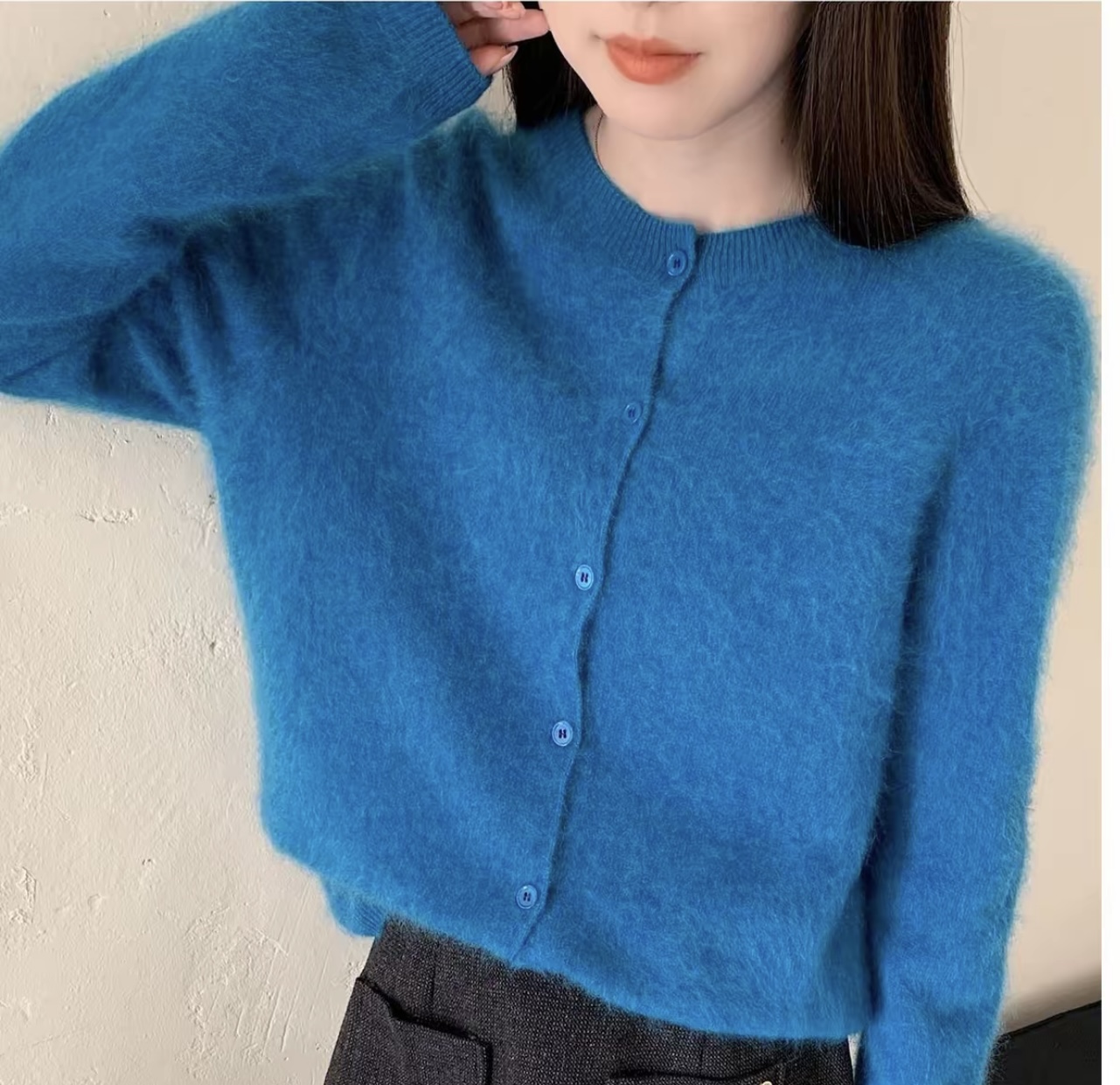 L3女士圆领水洗拉毛拉绒开衫