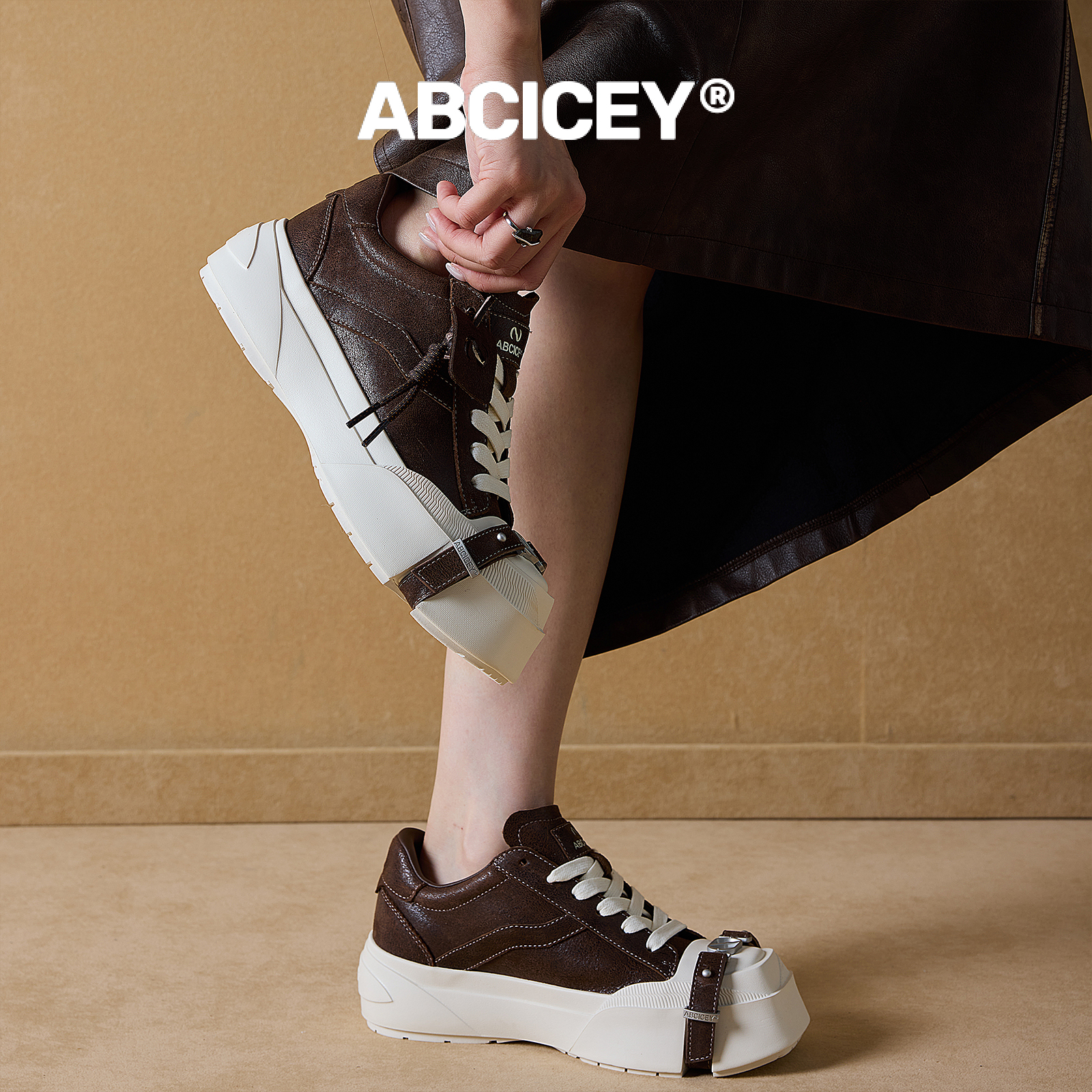 ABCICEY【引力皮面棕】方头板鞋绑带鞋低帮厚底鞋增高秋季头层牛皮