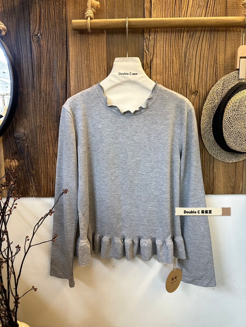 CHAI#98293#圆领木耳边打底长袖上衣 FL