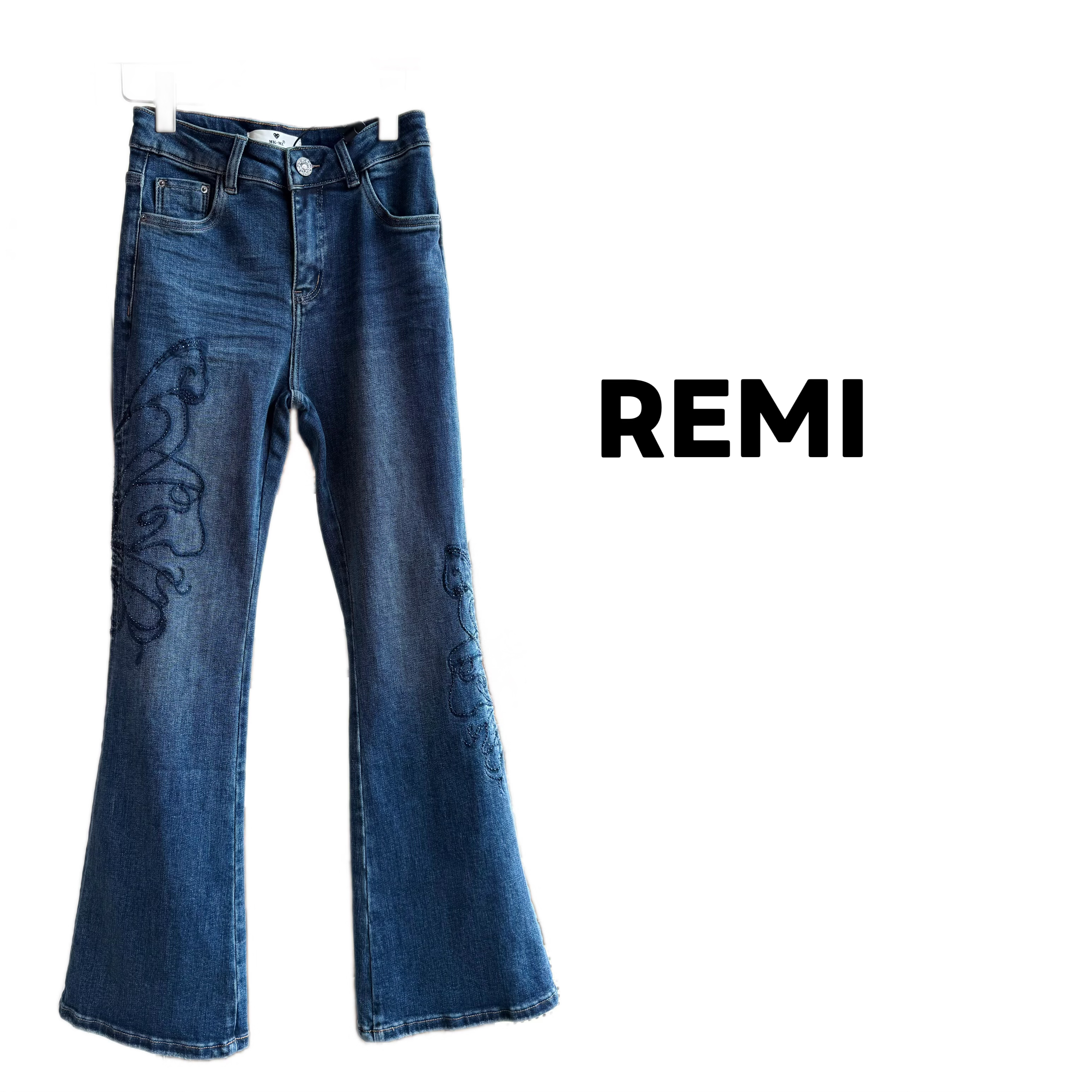 REMI[刺绣烫钻牛仔裤]高品质新款刺绣烫钻修身显瘦微喇牛仔裤