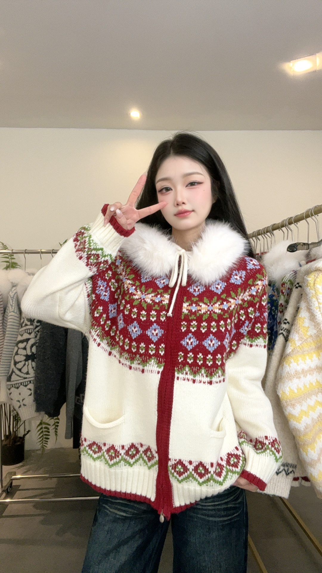 【501-580费尔岛系列直播编号】轻奢针织连帽时尚秋冬拼接慵懒毛衣