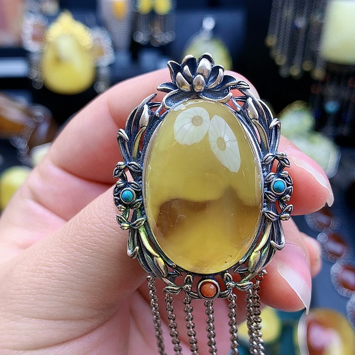 琥珀裸石银S925镶嵌坠