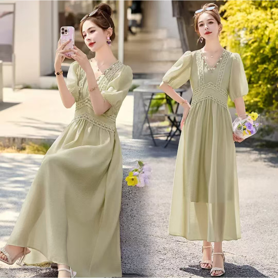 2025夏季穿搭重工v领设计感好看气高端短袖连衣裙28809【12】