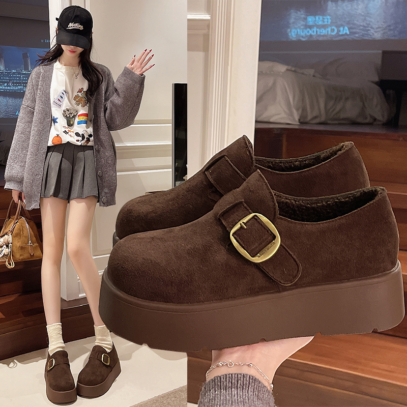 厚底勃肯鞋女款单鞋增高5CM百搭加绒保暖棉鞋圆头防臭休闲女鞋