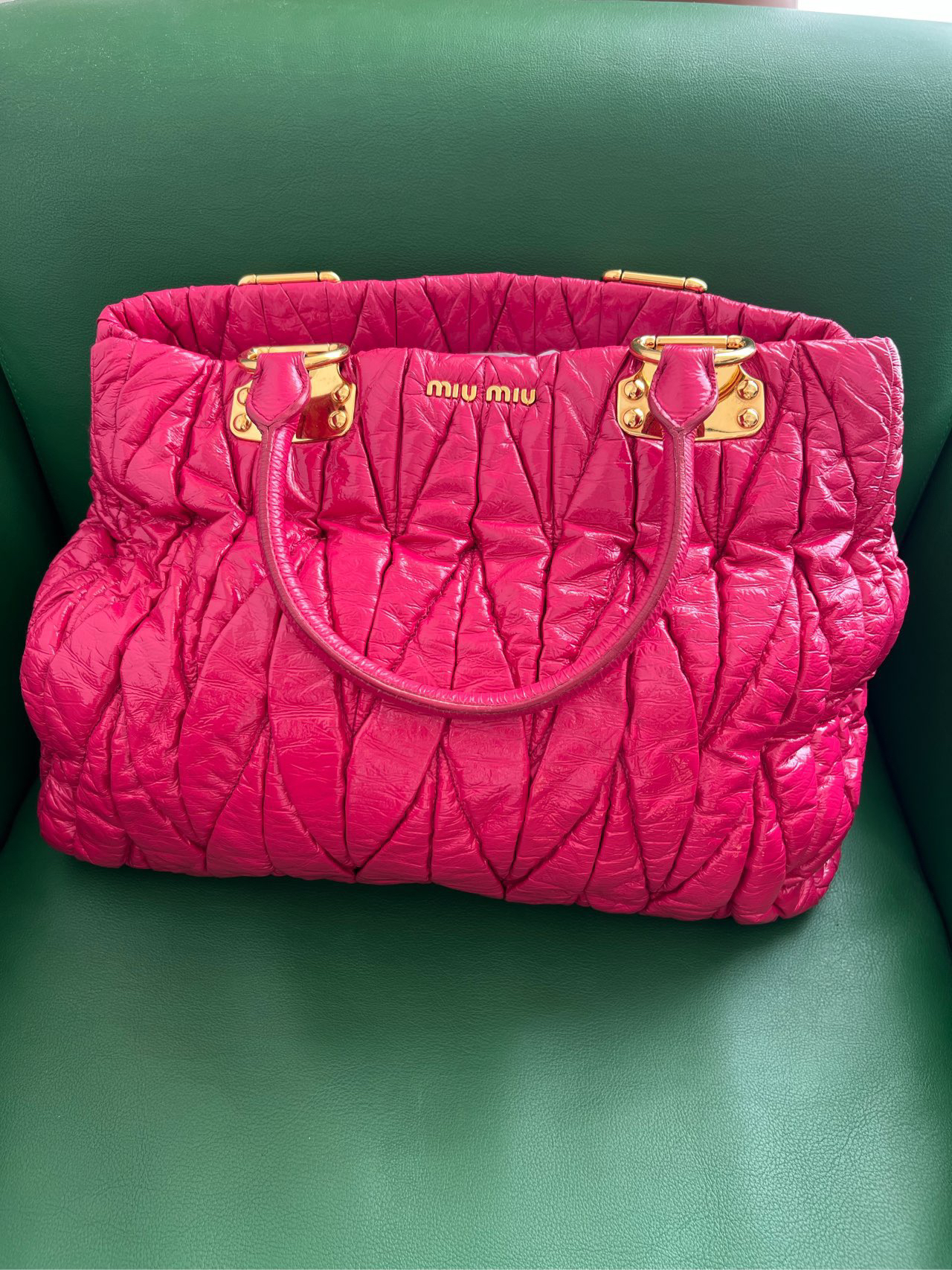 95新 MIU MIU/缪缪 缪缪miumiu玫红色中古tote托特包