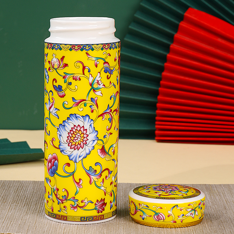 珐琅彩帝王黄陶瓷保温杯一个