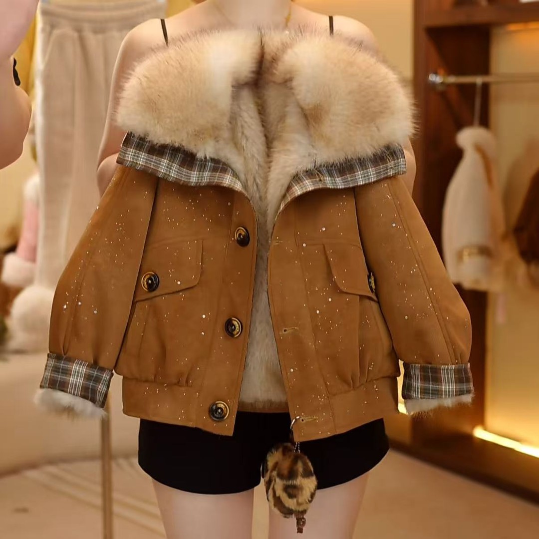 冬季新款加绒加厚皮衣外套大翻领轻奢风女童宝宝童装时尚外套潮