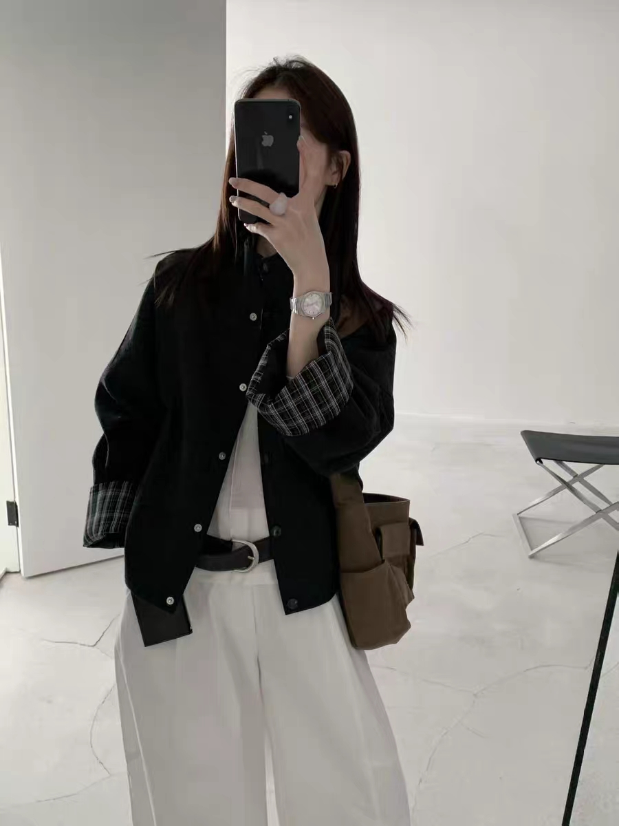 8819复古翻领格子衬衫拼接短外套女秋季宽松（衣长57）