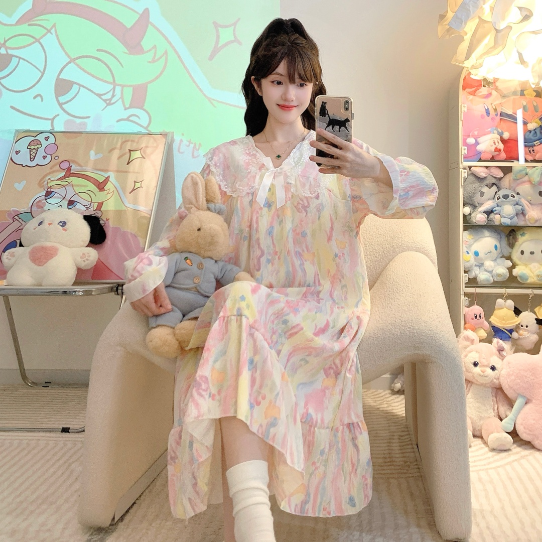 [8007]睡裙常规款秋季睡衣2025宽松少女V领蕾丝家居服长裙带胸垫