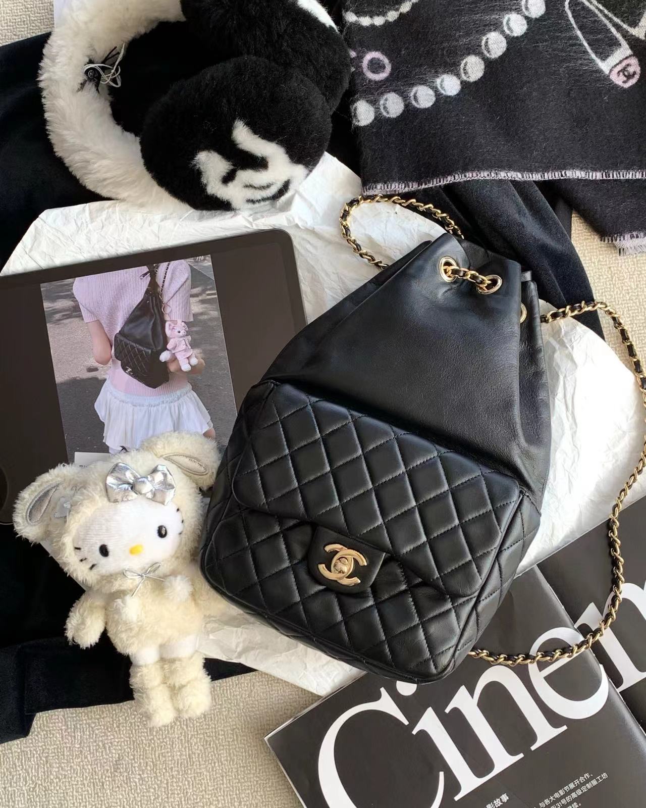 95新 Chanel/香奈儿 黑金抽绳水桶包 18cm 18258013