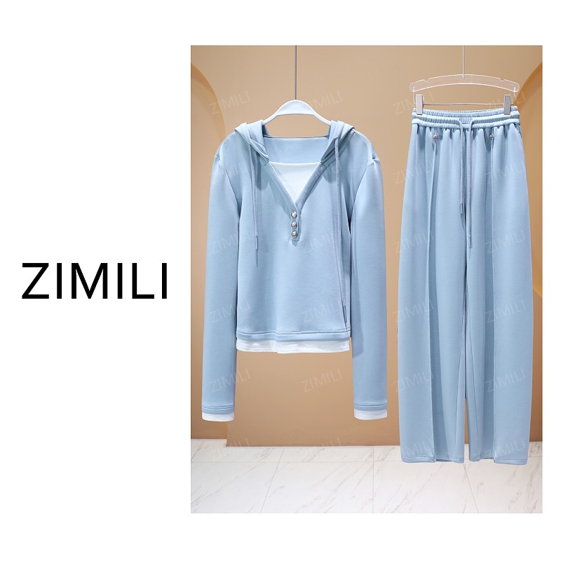 【亮哥女装】2025冬季加厚《水澜轻影》水蓝色假两件连帽套装6212-K8