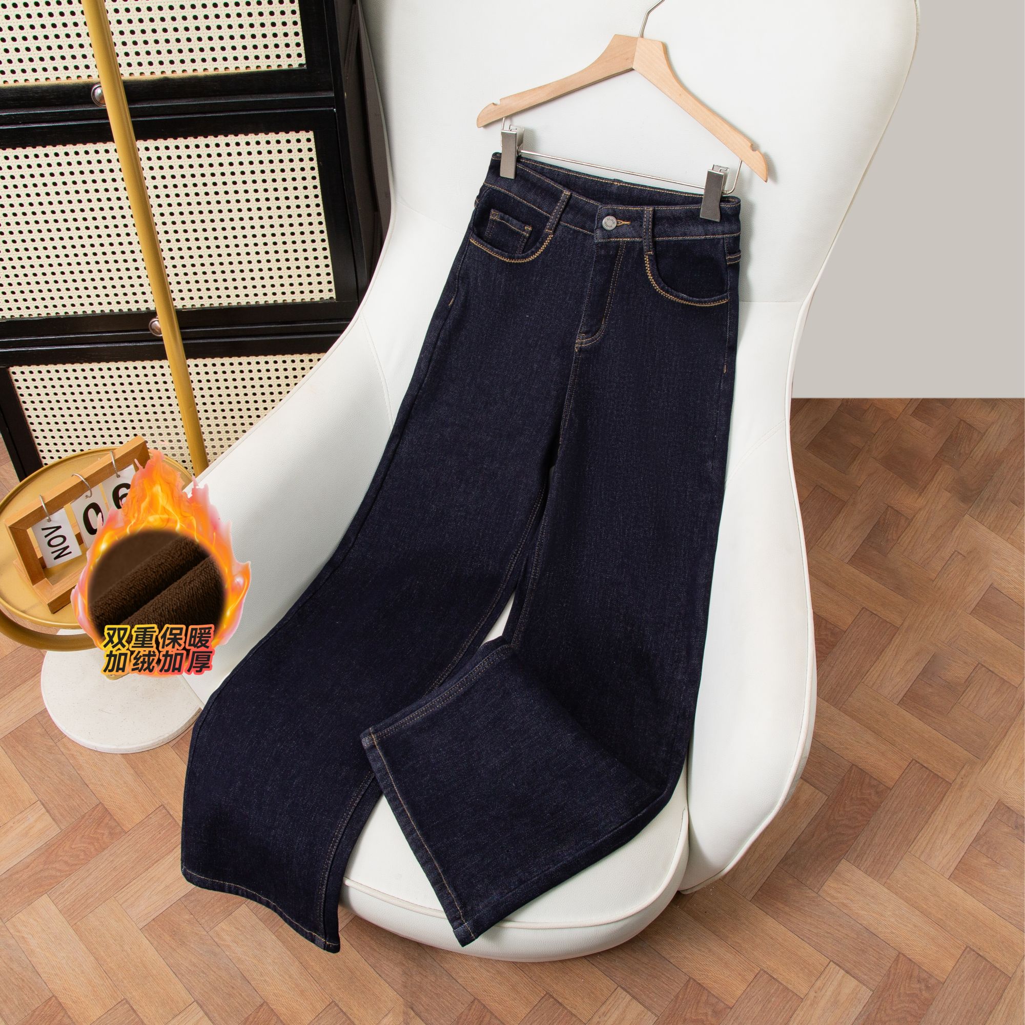 秋冬直筒裤丹宁蓝高腰休闲风极简风牛仔裤直筒长裤休闲时尚百搭
