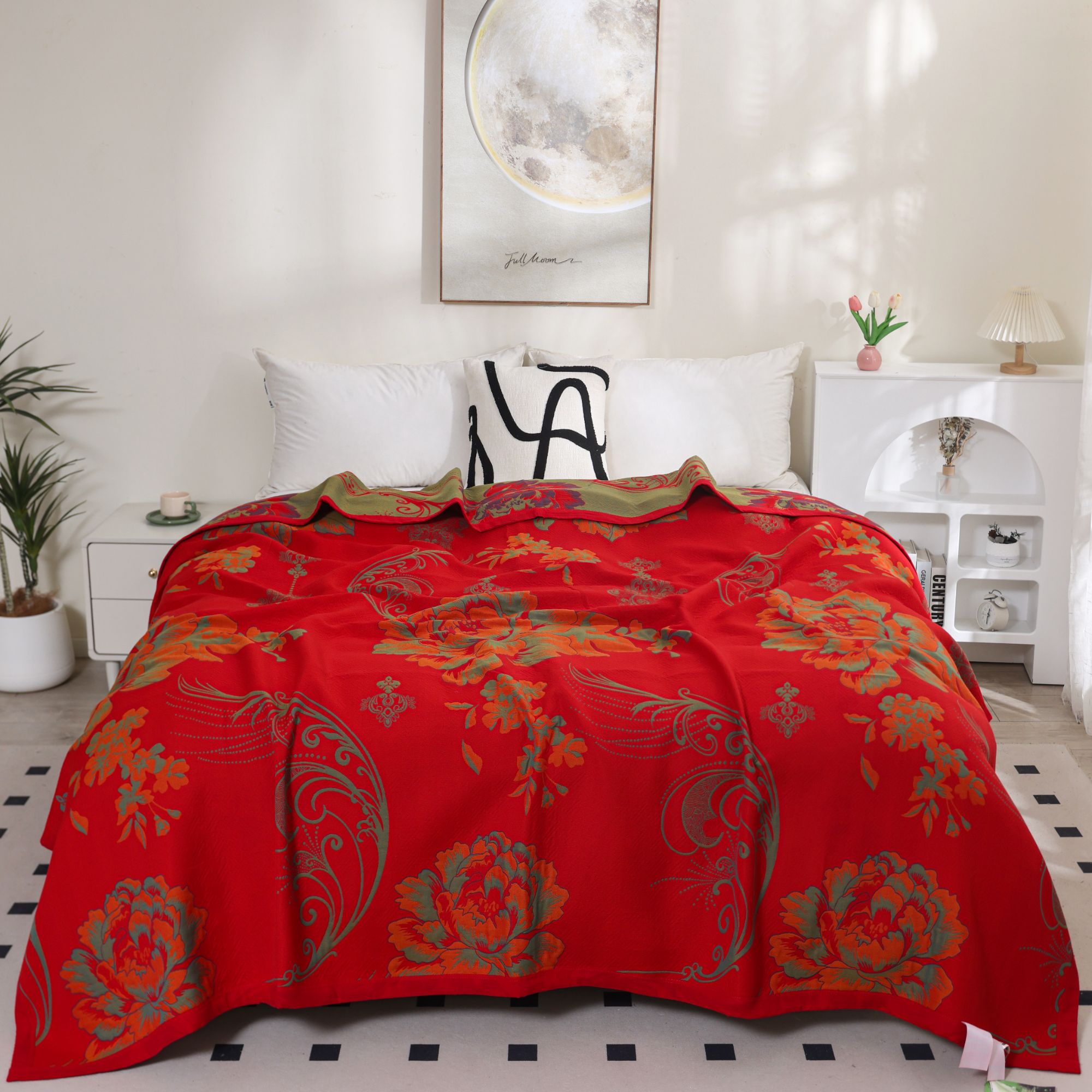 红牡丹】2.3*2.5米单品 大床盖四季通用大红色婚庆可铺可盖