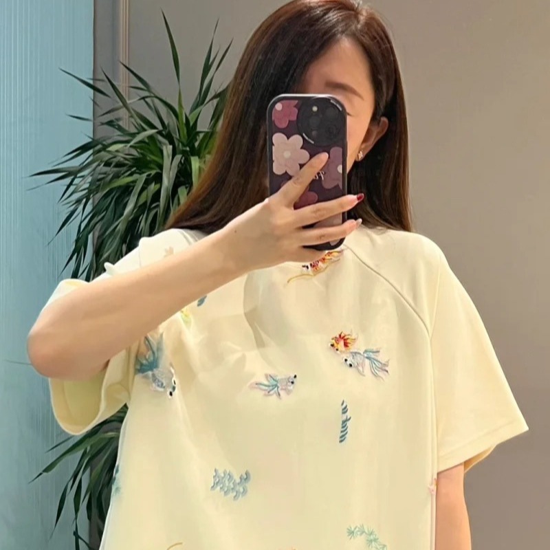 Cherryjar◉【lin专属】短袖t恤女宽松大版中长款印花刺绣上衣