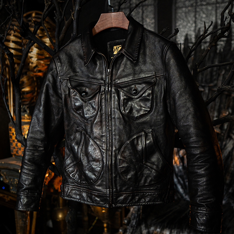 莫臣复古皮衣门多萨农场主牛皮真皮外套翻领春秋做旧短款966茶牛