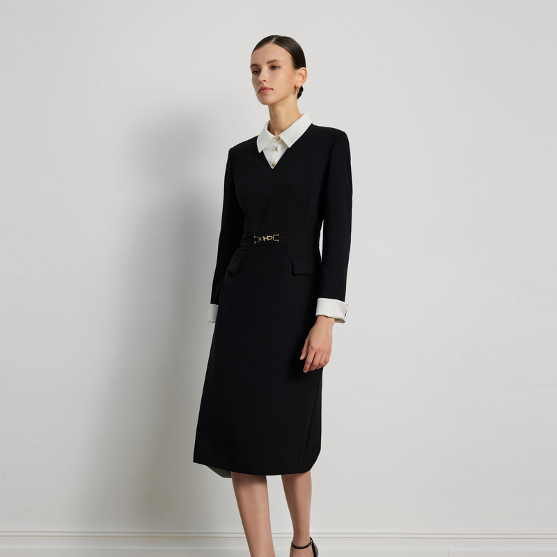Scofield女衬衫领长袖连衣裙收腰设计职场通勤连衣裙2025秋新品